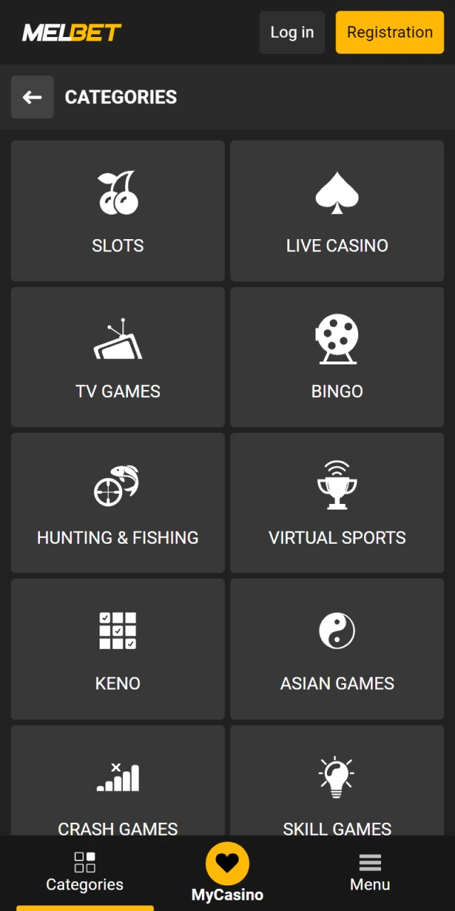 Casino section in the Melbet app.