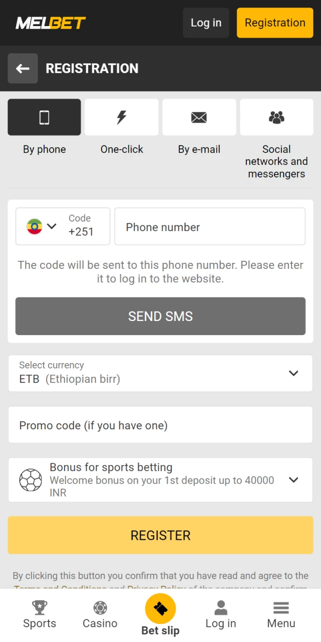 Melbet app registration form.