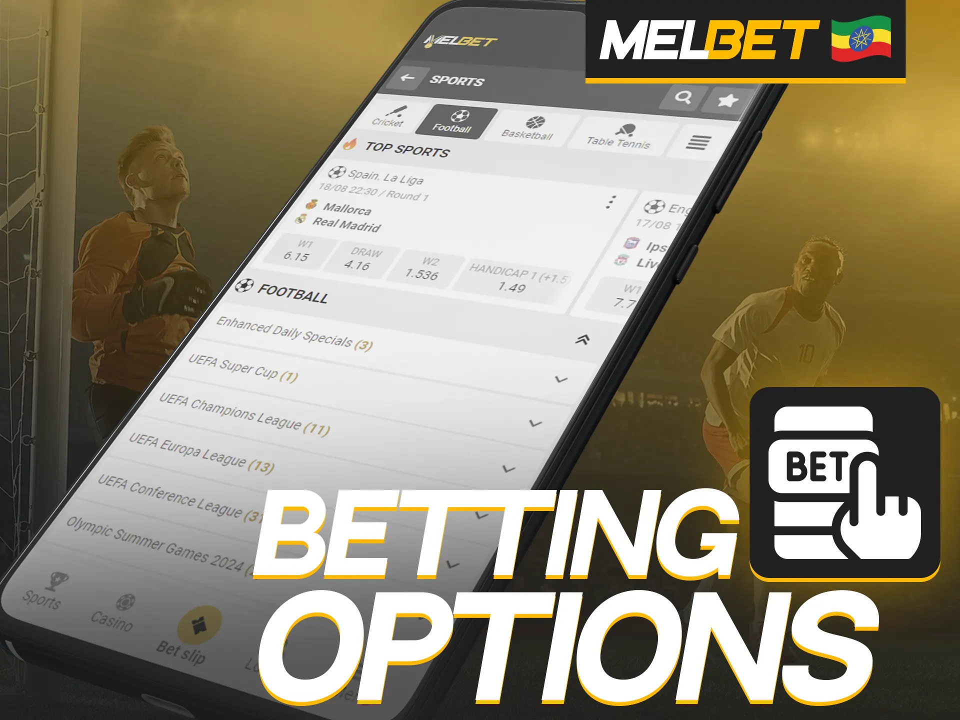 The Melbet app offers these betting options.