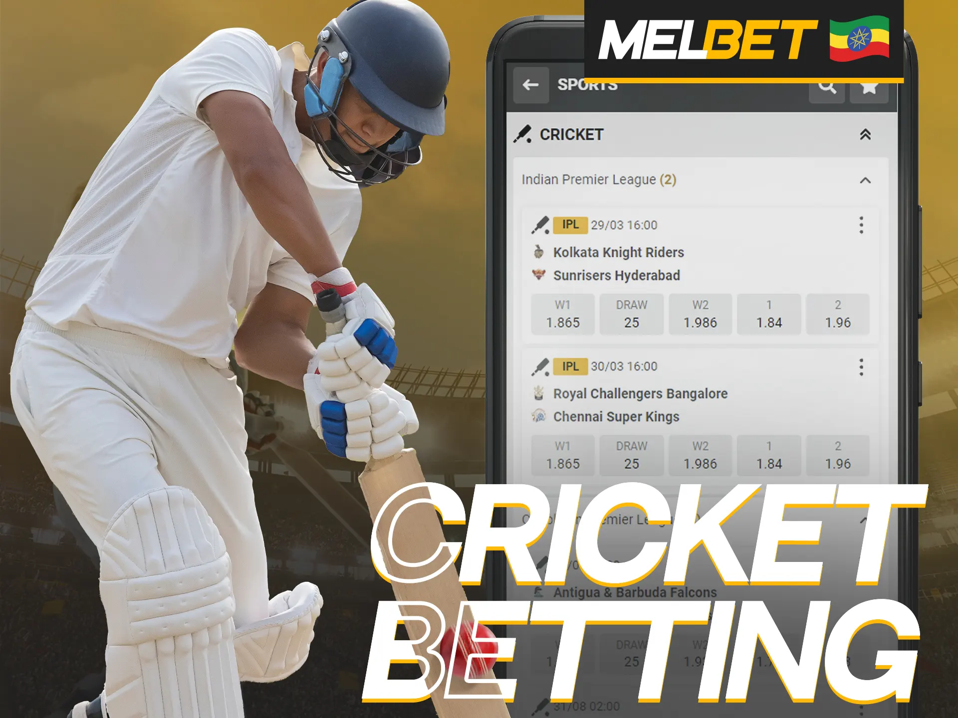 Place a bet on your favorite cricket team on the Melbet app.