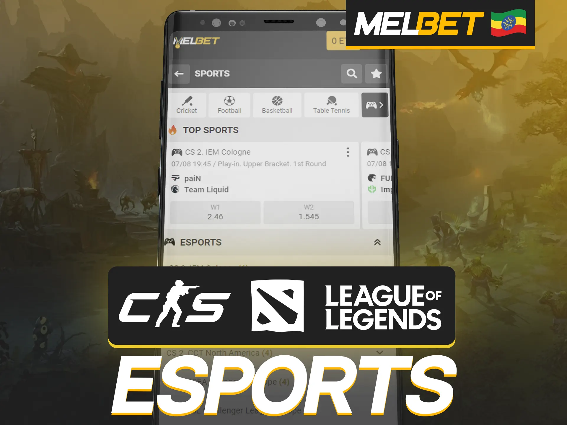 The Melbet mobile app offers betting on eSports.