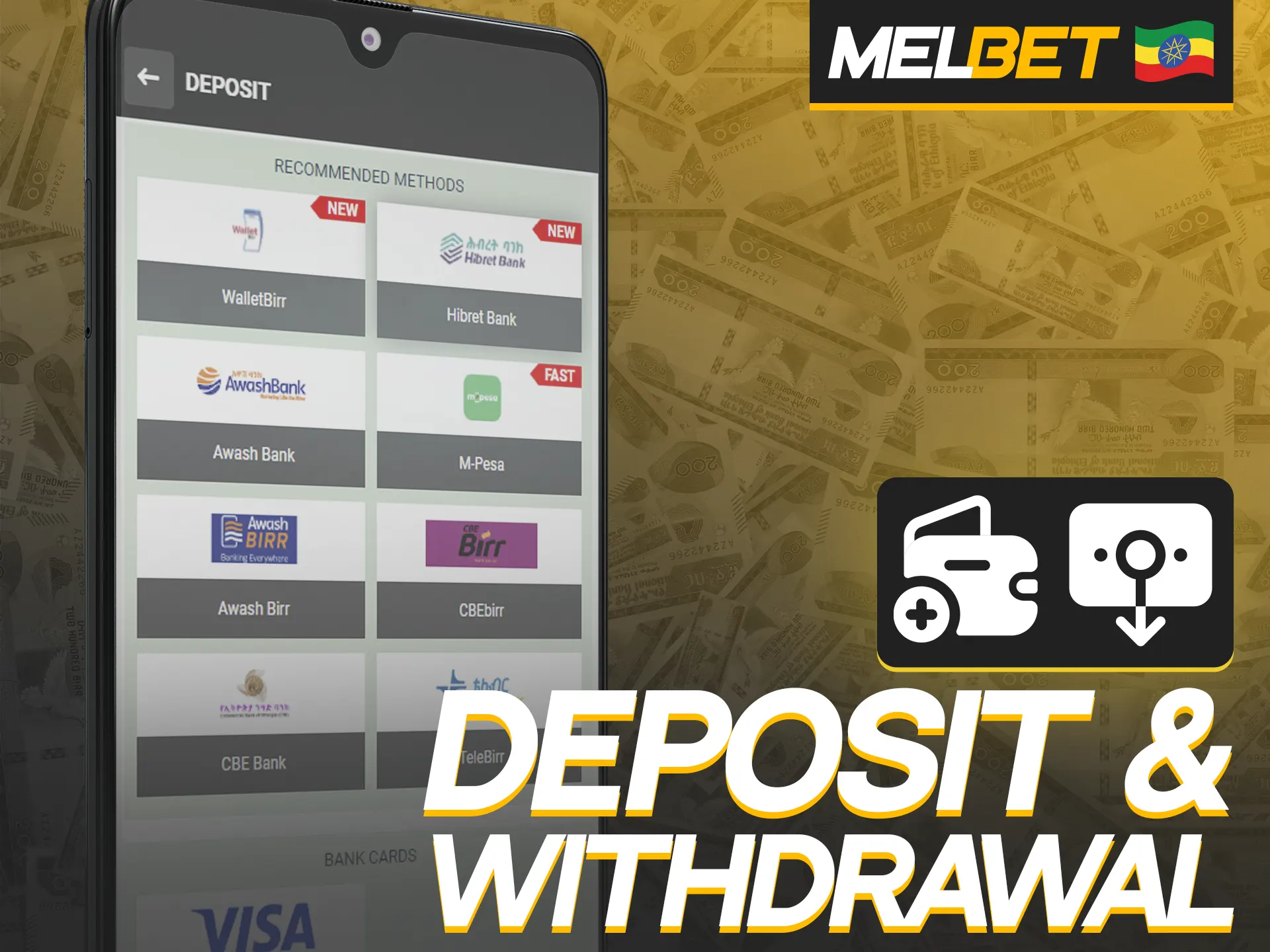 Deposit and withdraw money using these methods in the Melbet app.