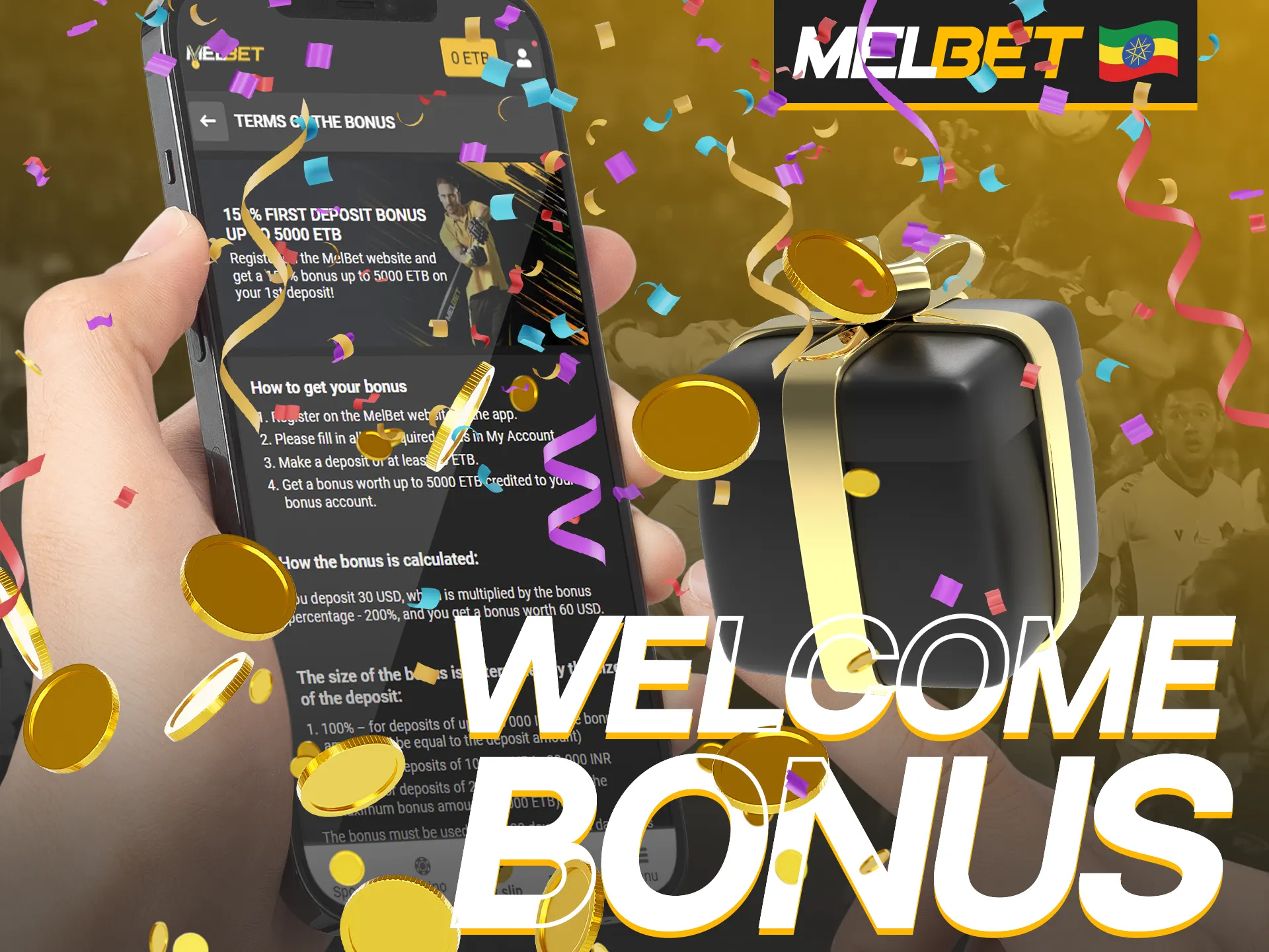 The Melbet mobile app offers the same welcome bonus as the website.