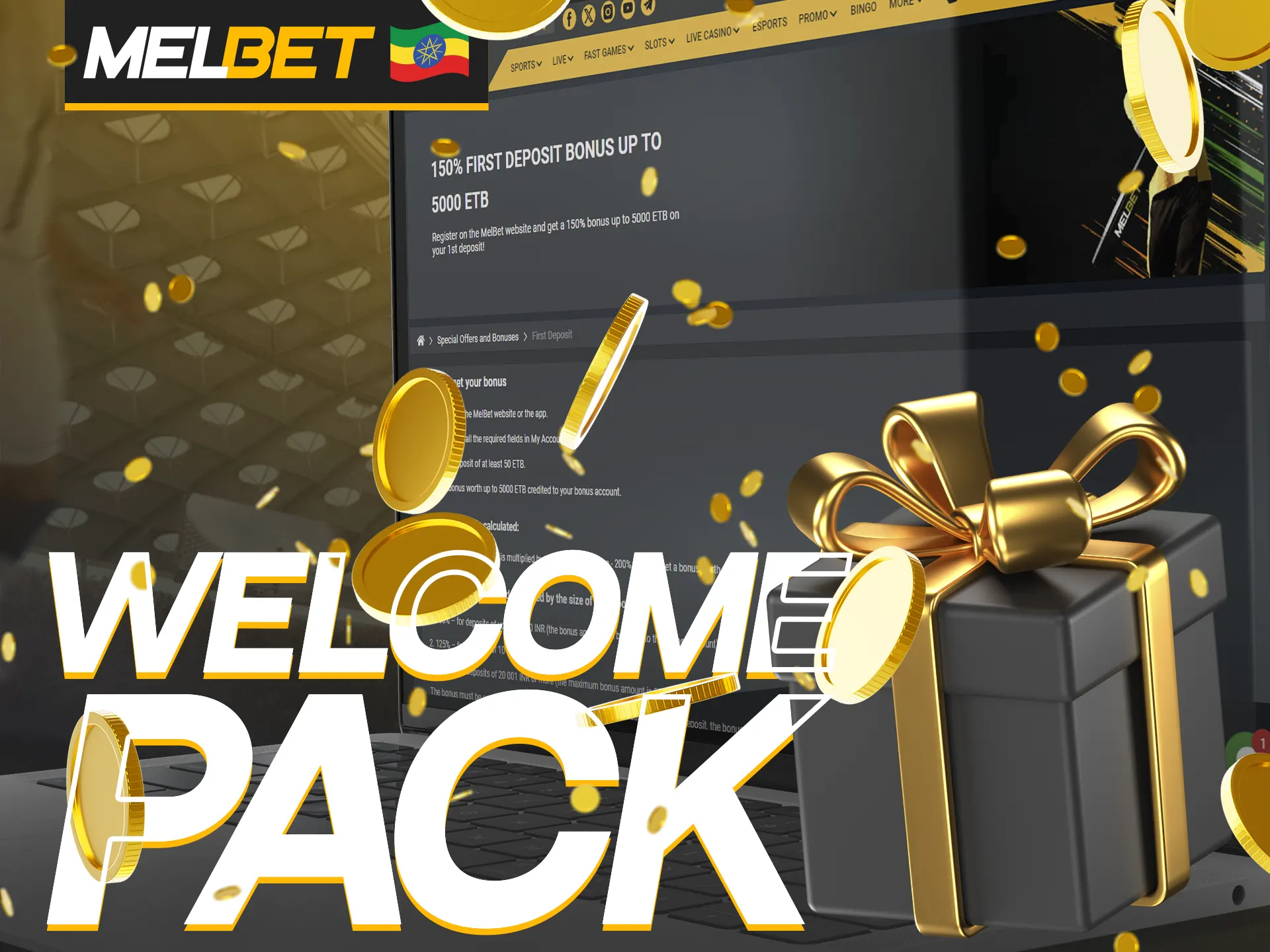 Melbet offers a welcome pack with bonuses for the first registration.