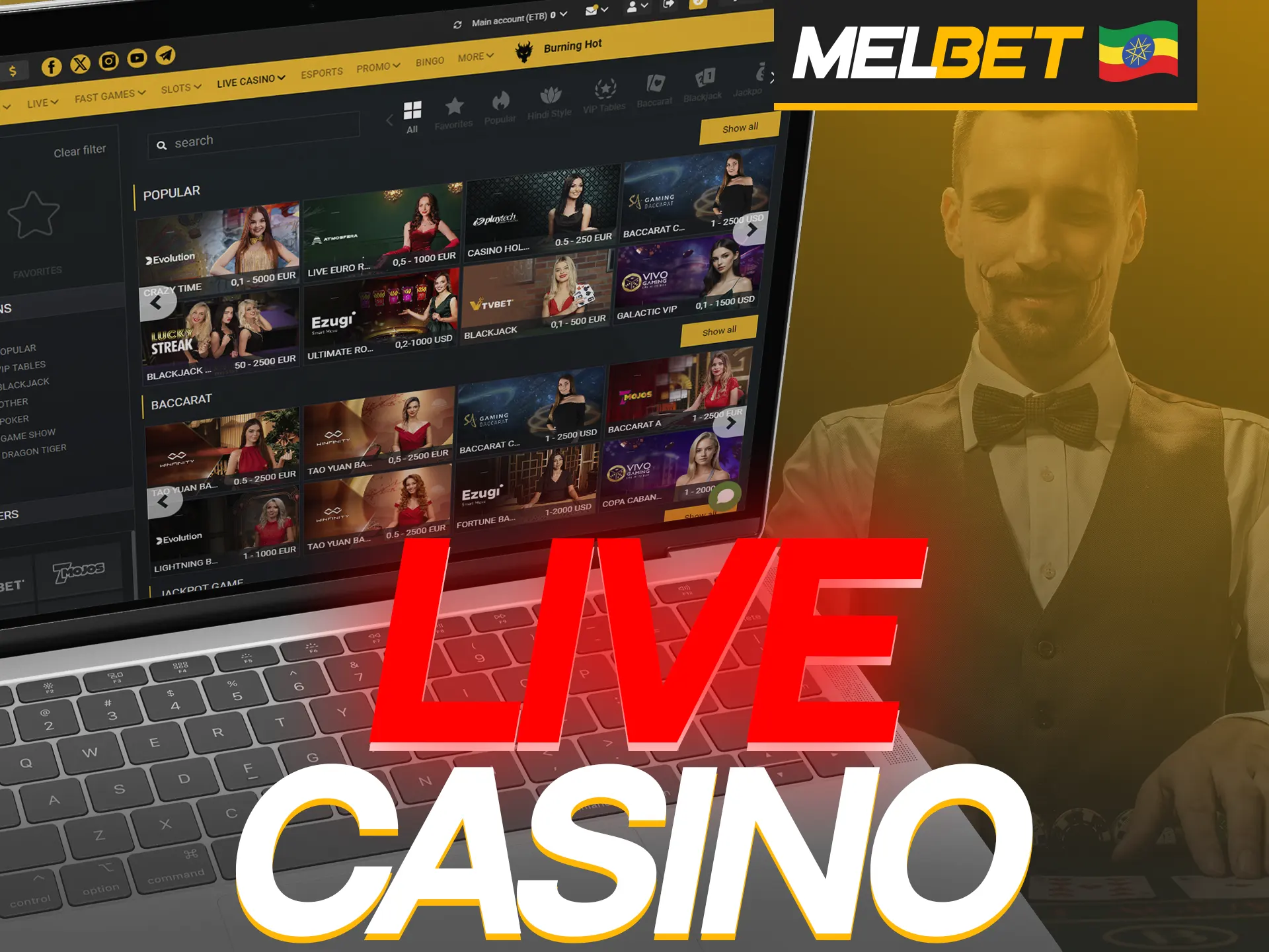 Place your bets on live casino games at Melbet.