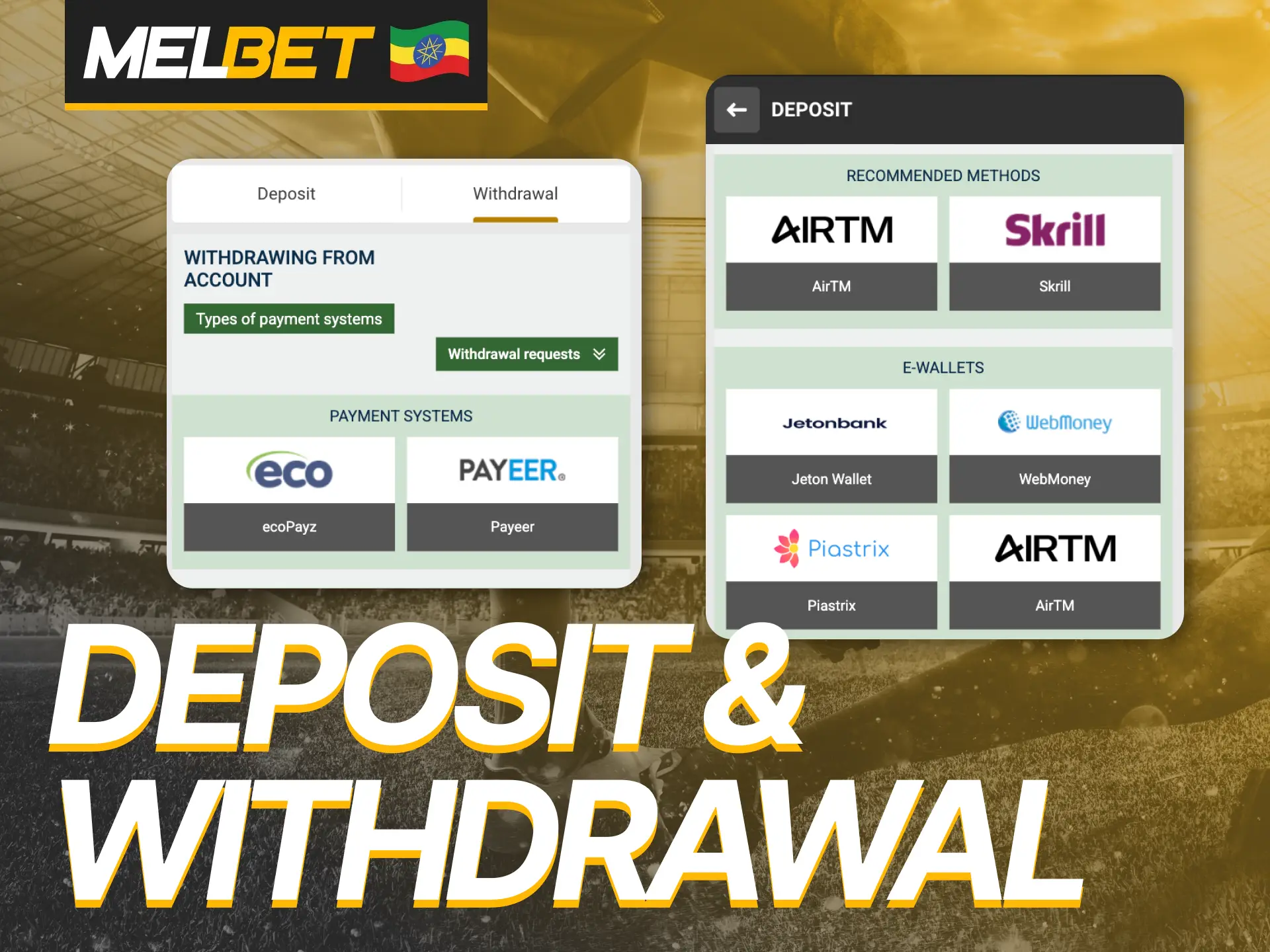 Deposit and withdraw money using these methods in the Melbet app.