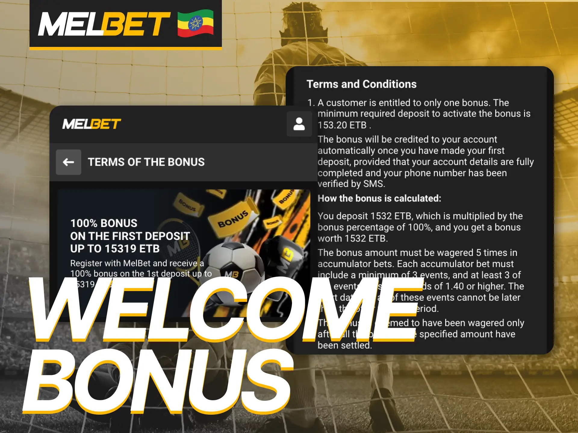 The Melbet mobile app offers the same welcome bonus as the website.