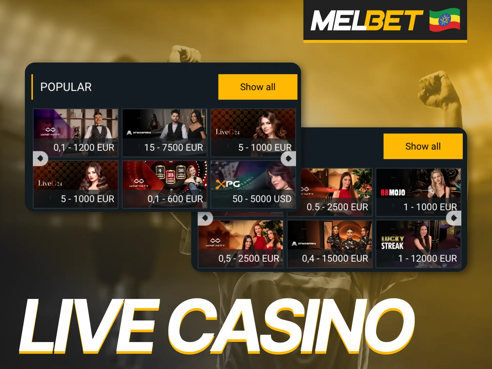 Place your bets on live casino games at Melbet.