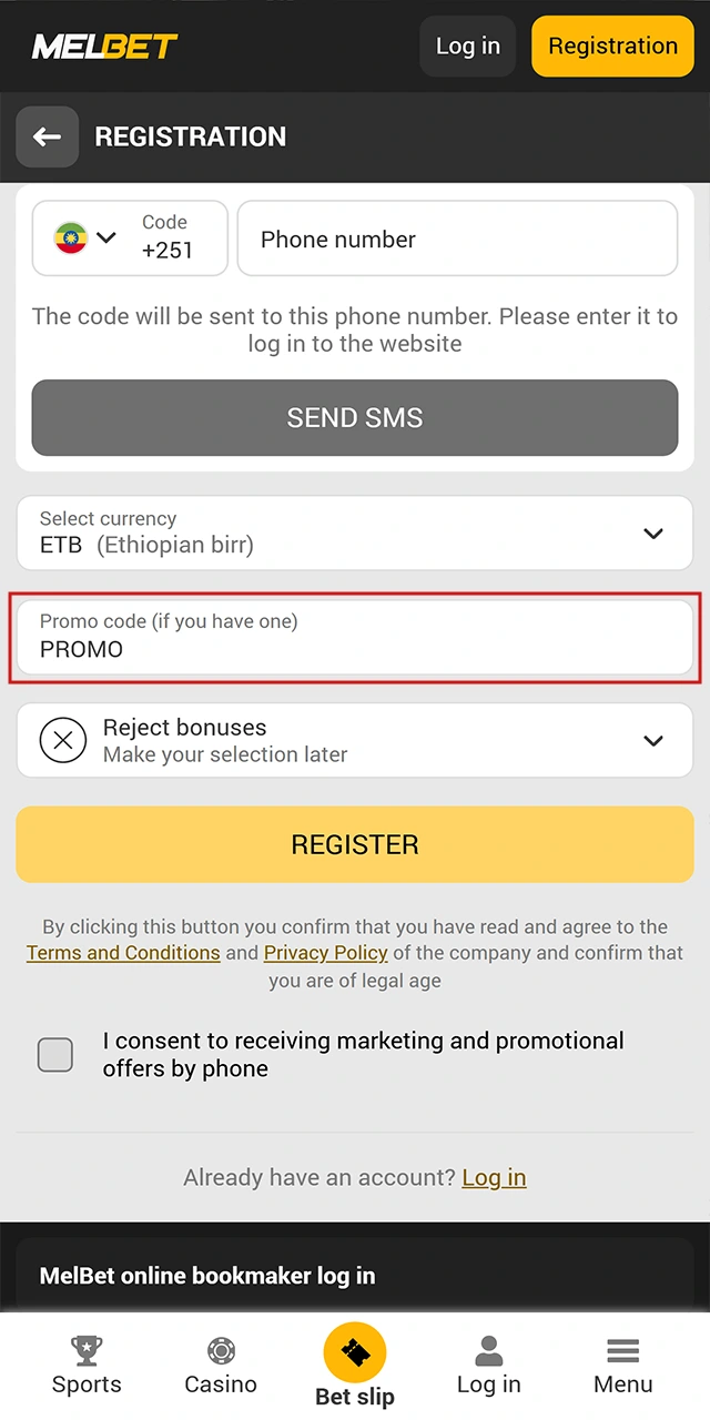 Enter the promo code in the appropriate field of the Melbet form.