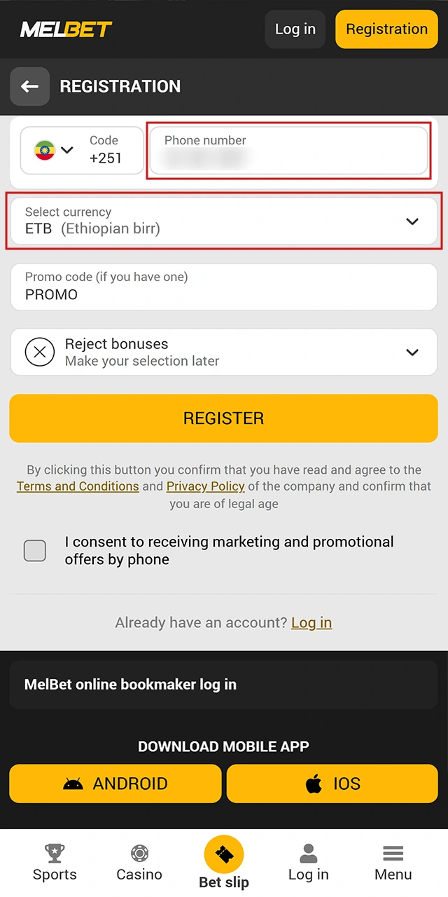 Fill in the remaining fields of the Melbet registration form.