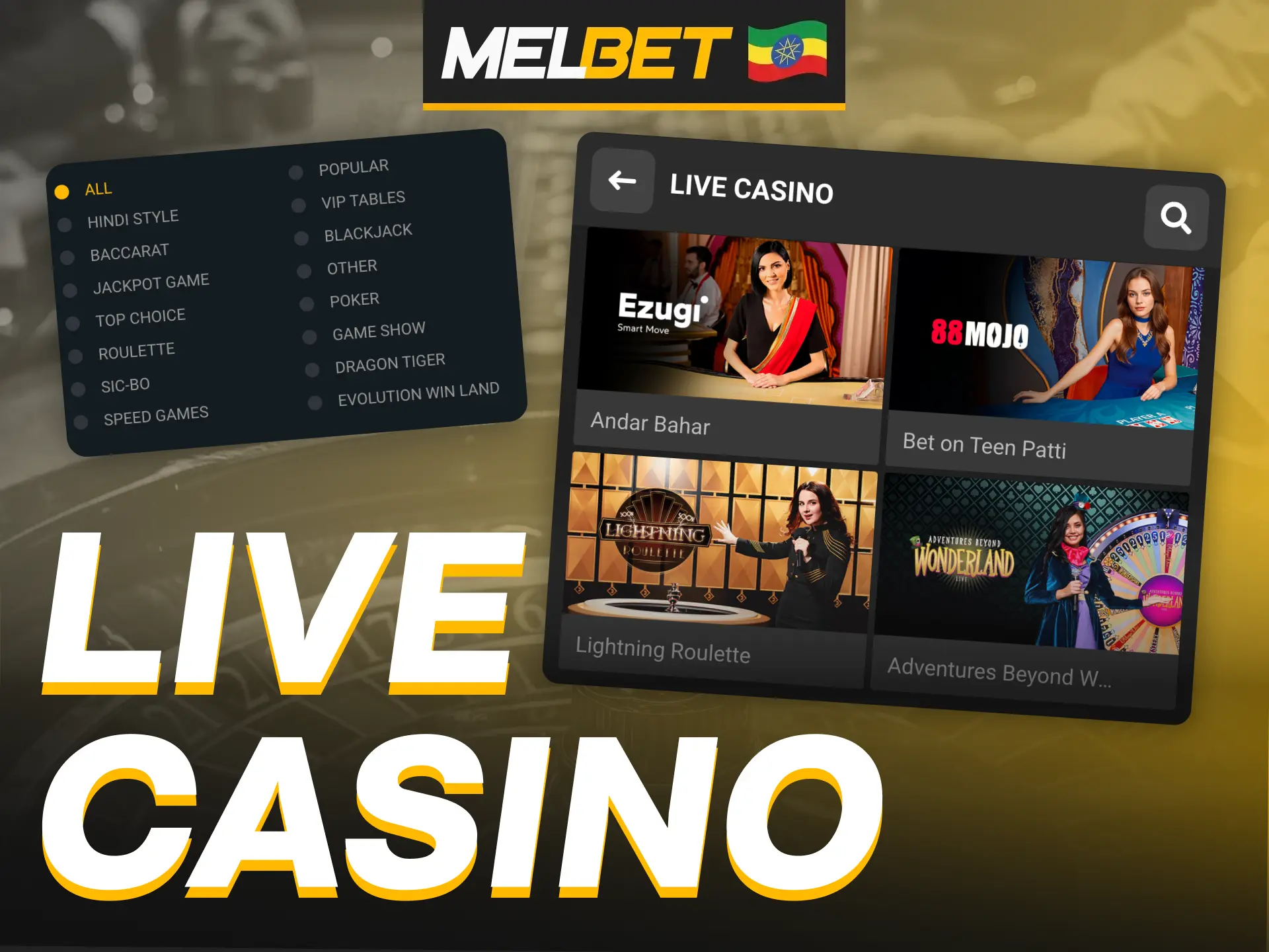 Play at Melbet Live Casino with real dealers.