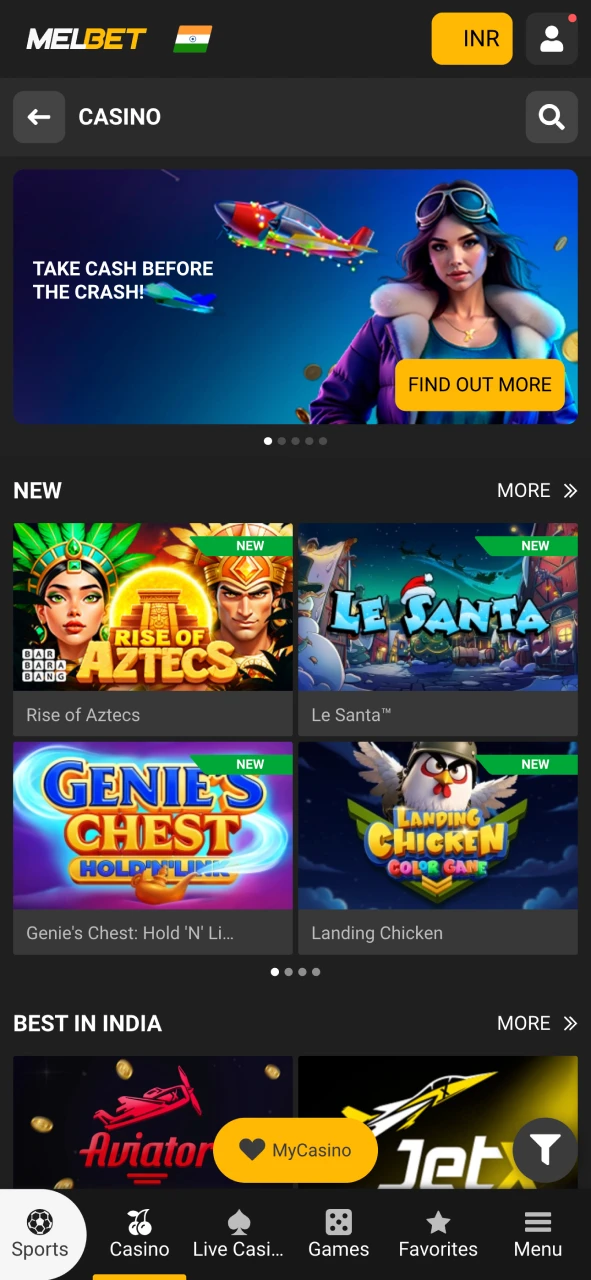 Casino section in the Melbet app.