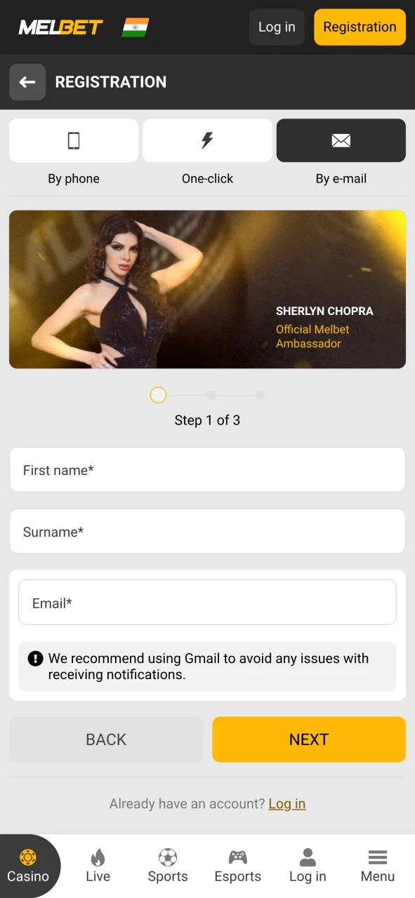 Melbet app registration form.