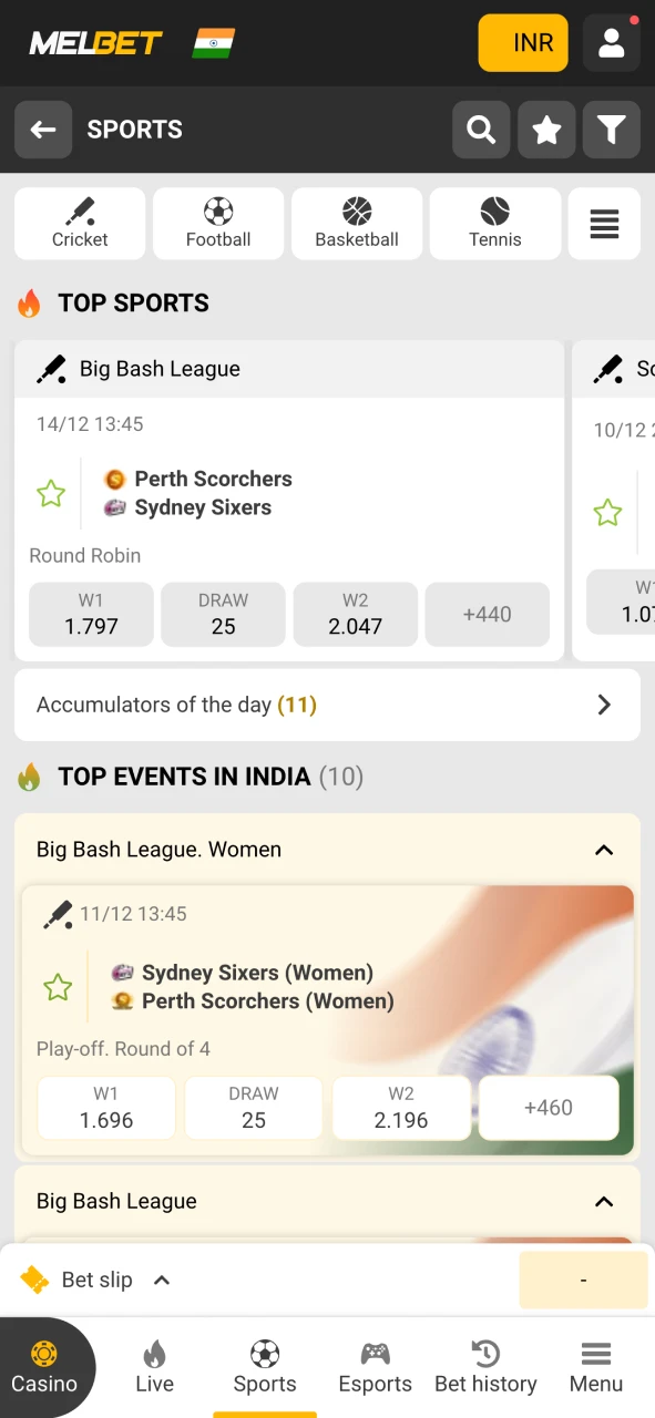 Melbet app sports section.