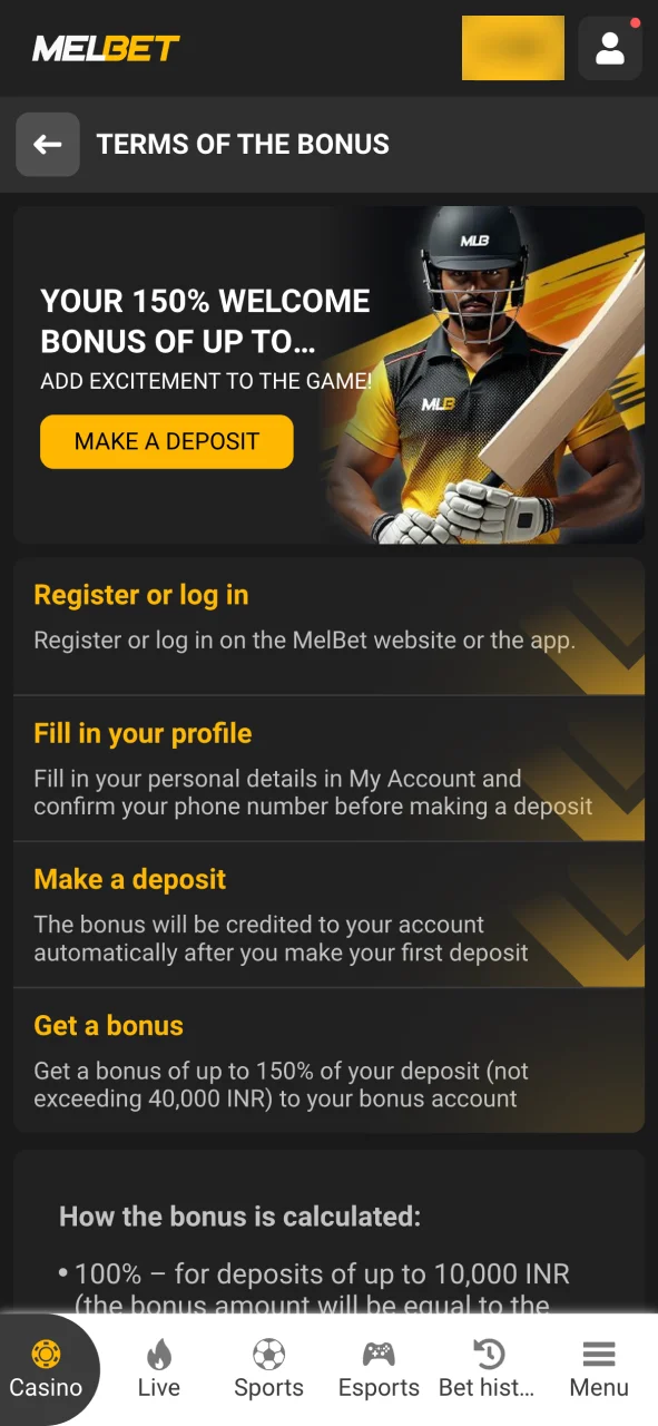 Review terms and claim Melbet bonus now.