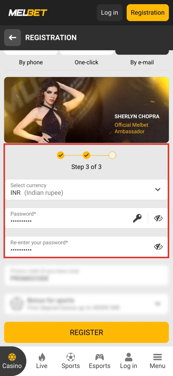 Fill in the remaining fields of the Melbet registration form.