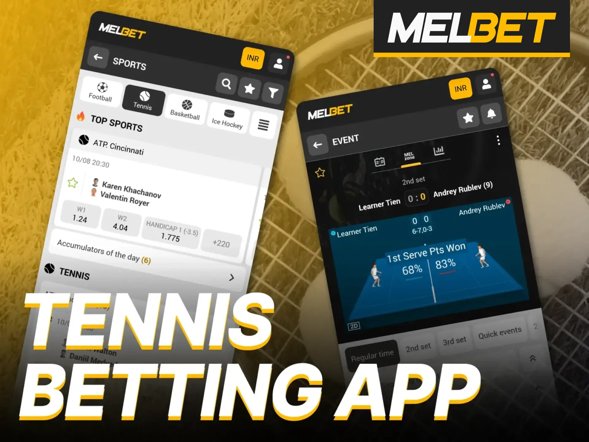 Place your tennis bets via the Melbet mobile app.