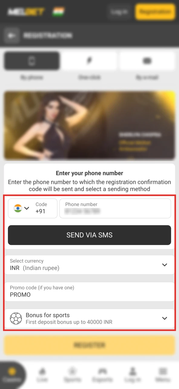 Fill in your phone number at Melbet sign up.