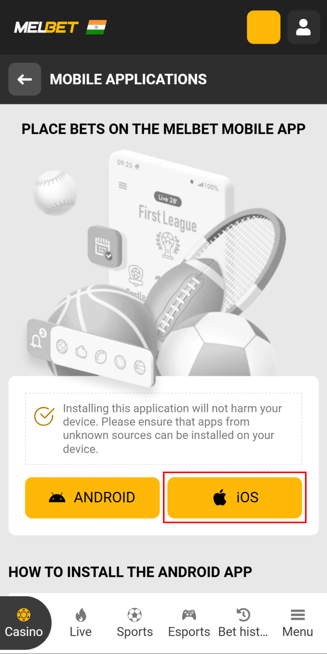 Navigate to the mobile applications page to select the iOS download option at Melbet.