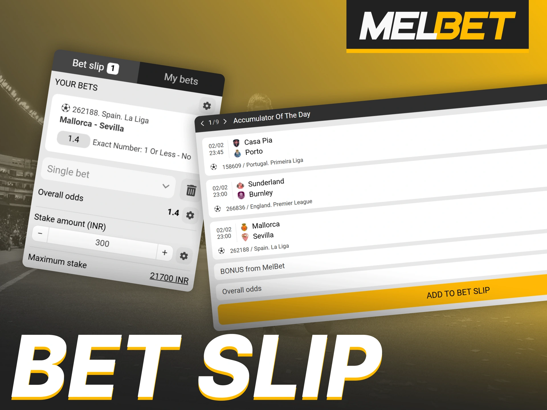 Build your accumulator bet slip and check the daily offers at Melbet.
