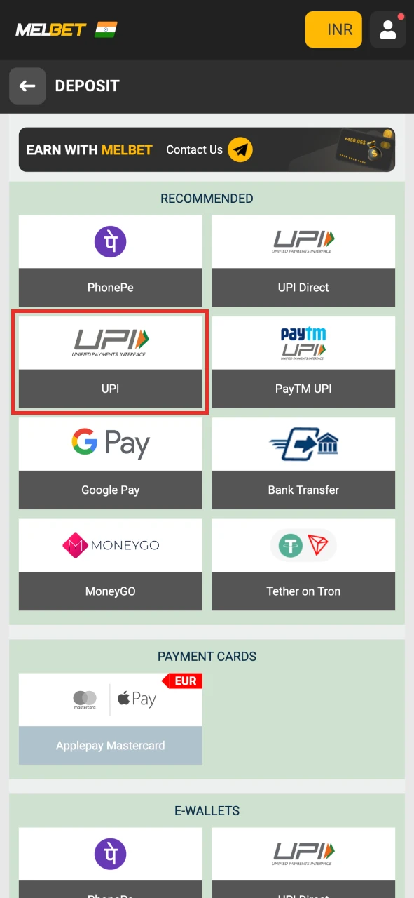 Choose your preferred payment method at Melbet.