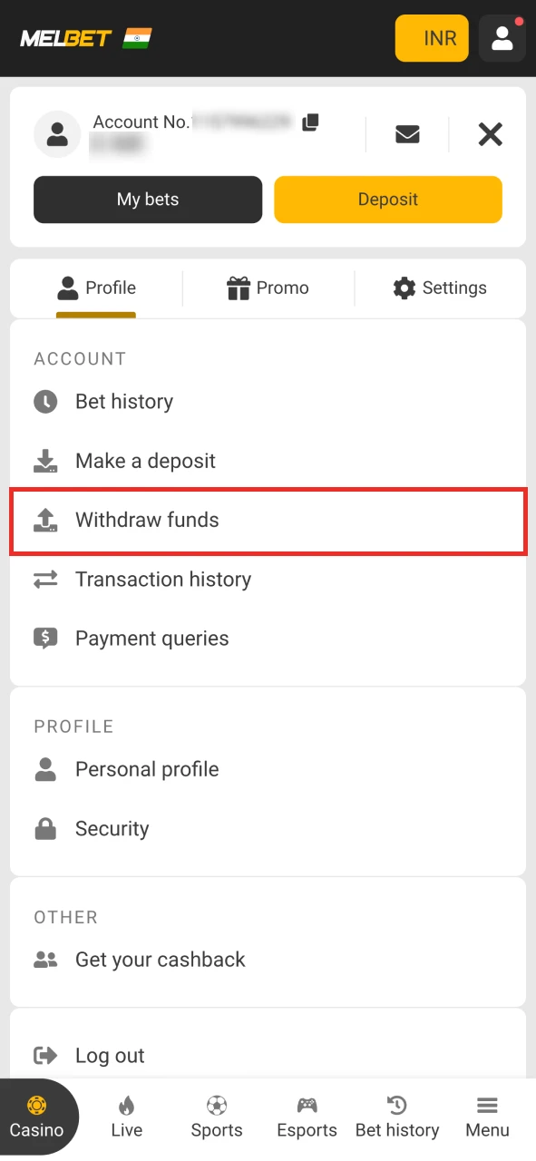 Find the Withdraw funds button at Melbet and tap on it.