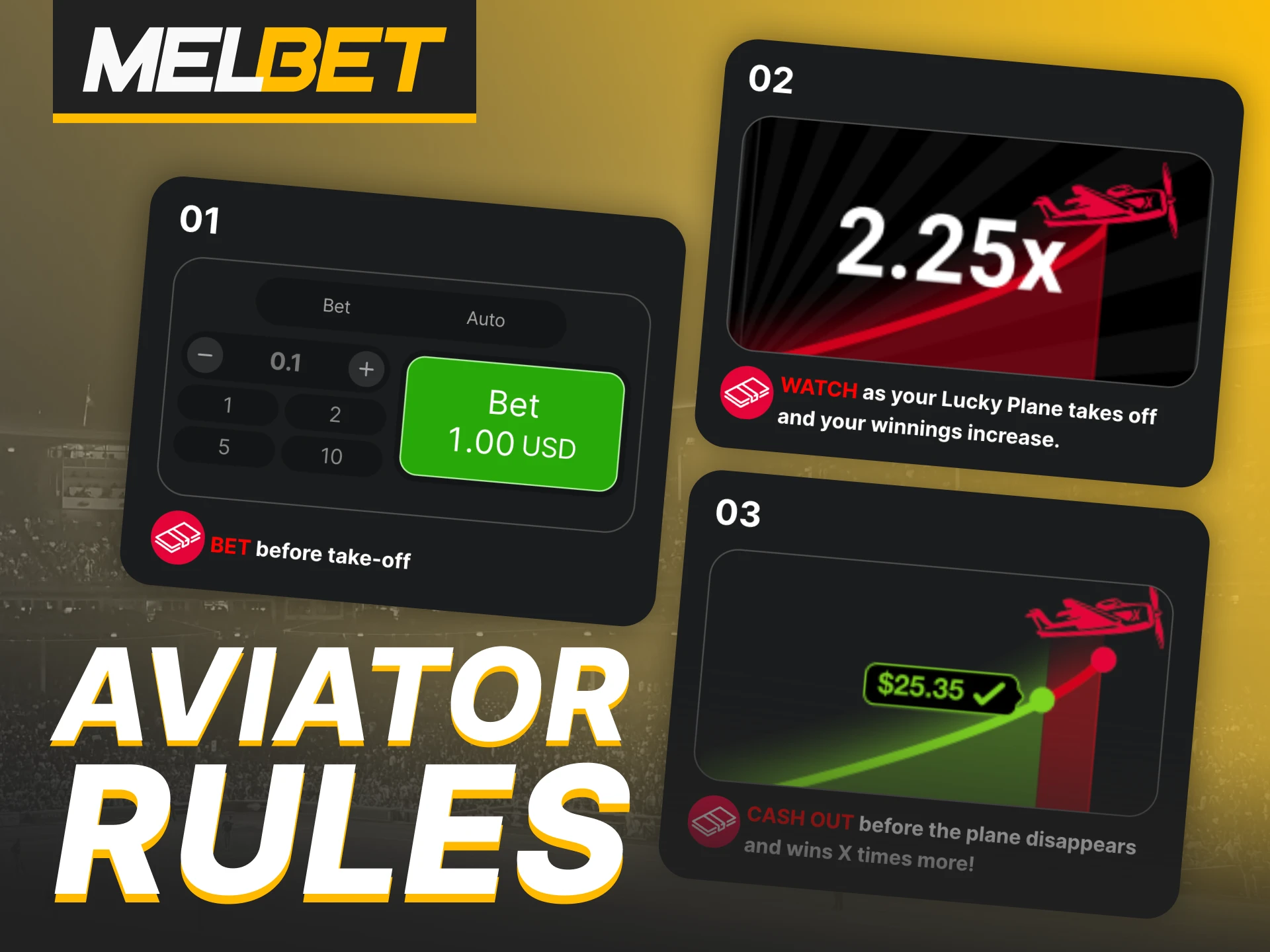 Follow Aviator rules to win big at Melbet casino platform.