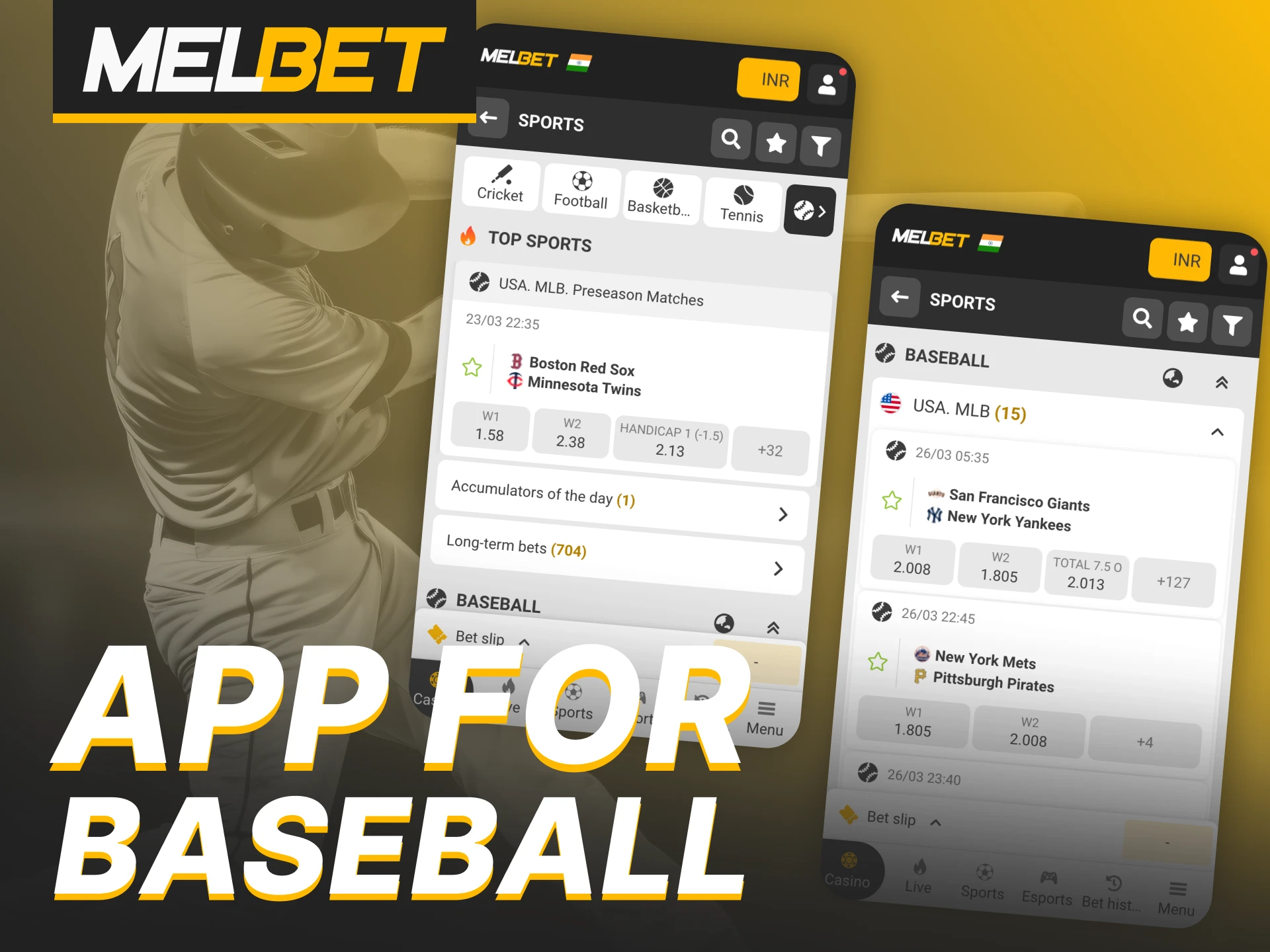 With Melbet app you can access the full baseball betting section.