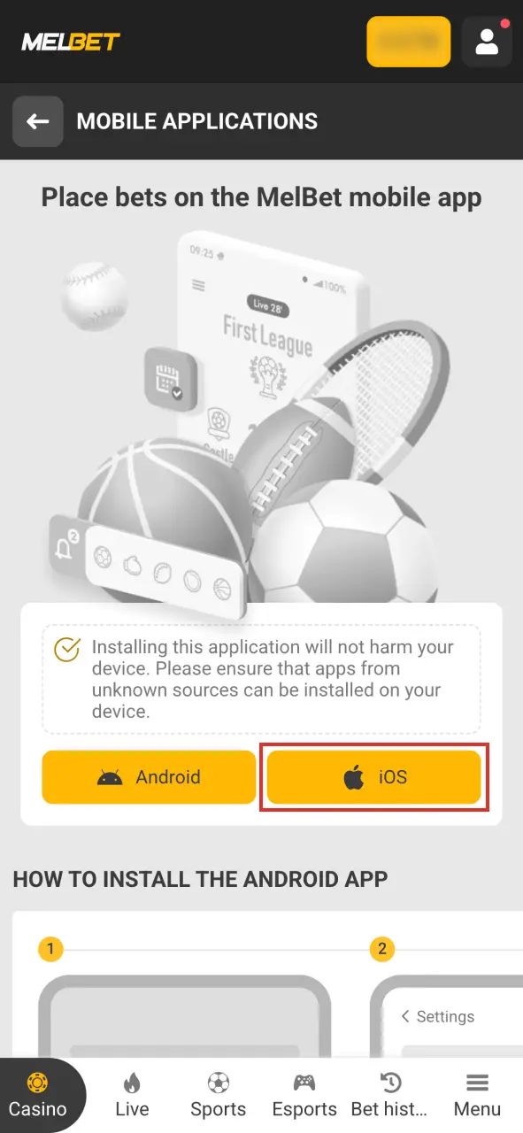 Navigate to the mobile applications page to select the iOS download option at Melbet.