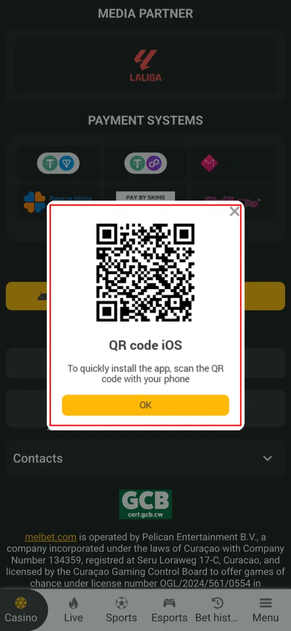 Scan the QR code provided on the website to instantly download the Melbet app.