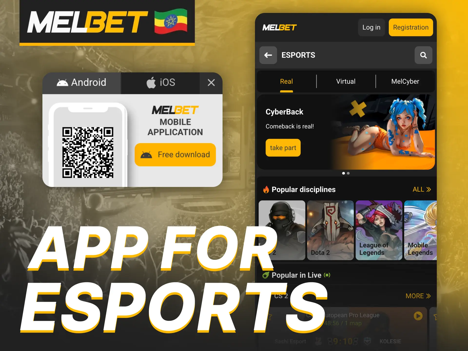 Install Melbet app for free to start betting on eSports tournaments.