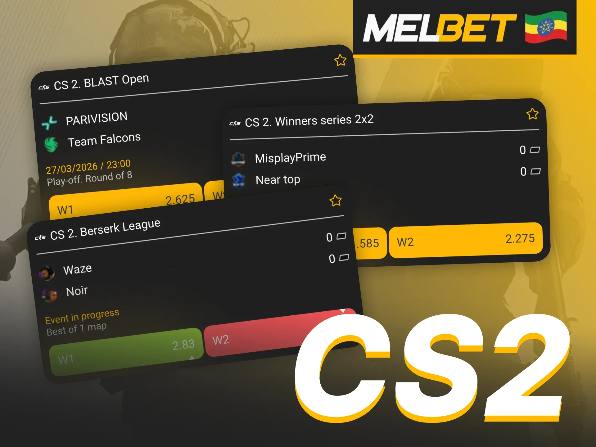 Melbet offers betting on various CS2 tournaments and leagues.