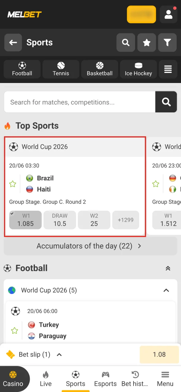 Select the desired sports event and odds to add to your bet slip at Melbet.
