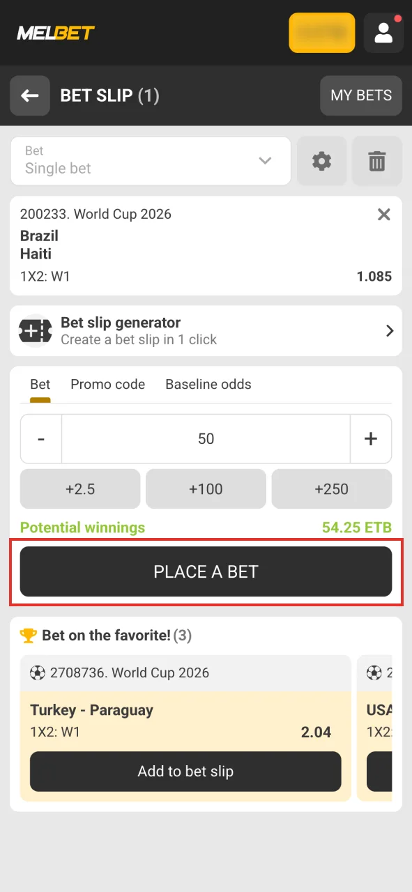 Enter your stake amount and click Place a bet to confirm your wager at Melbet.