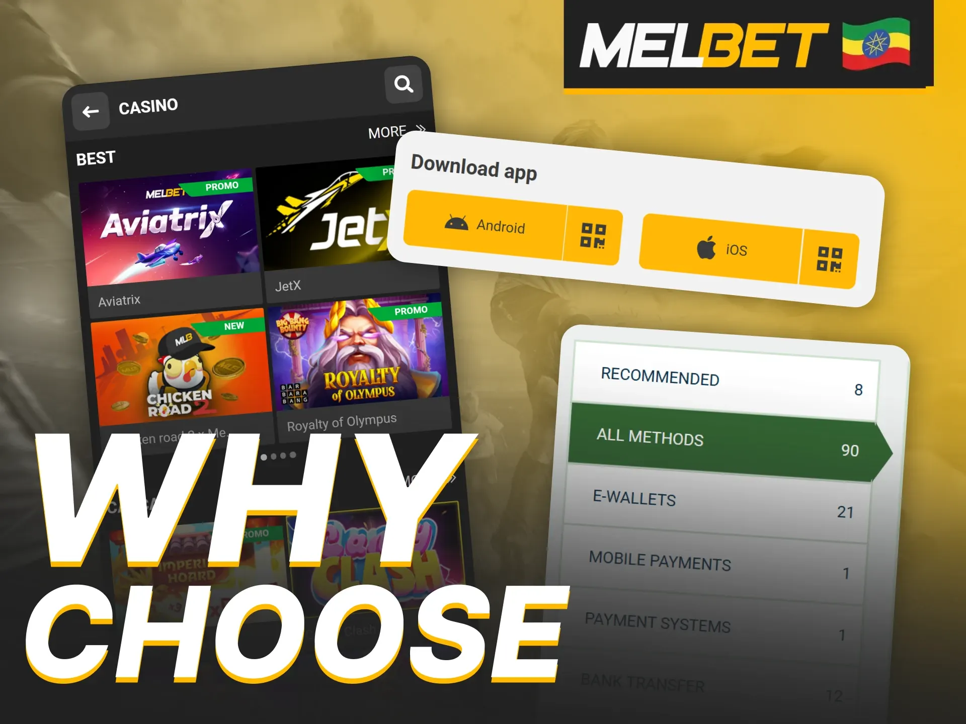 Select mobile apps and various payment methods available at Melbet.