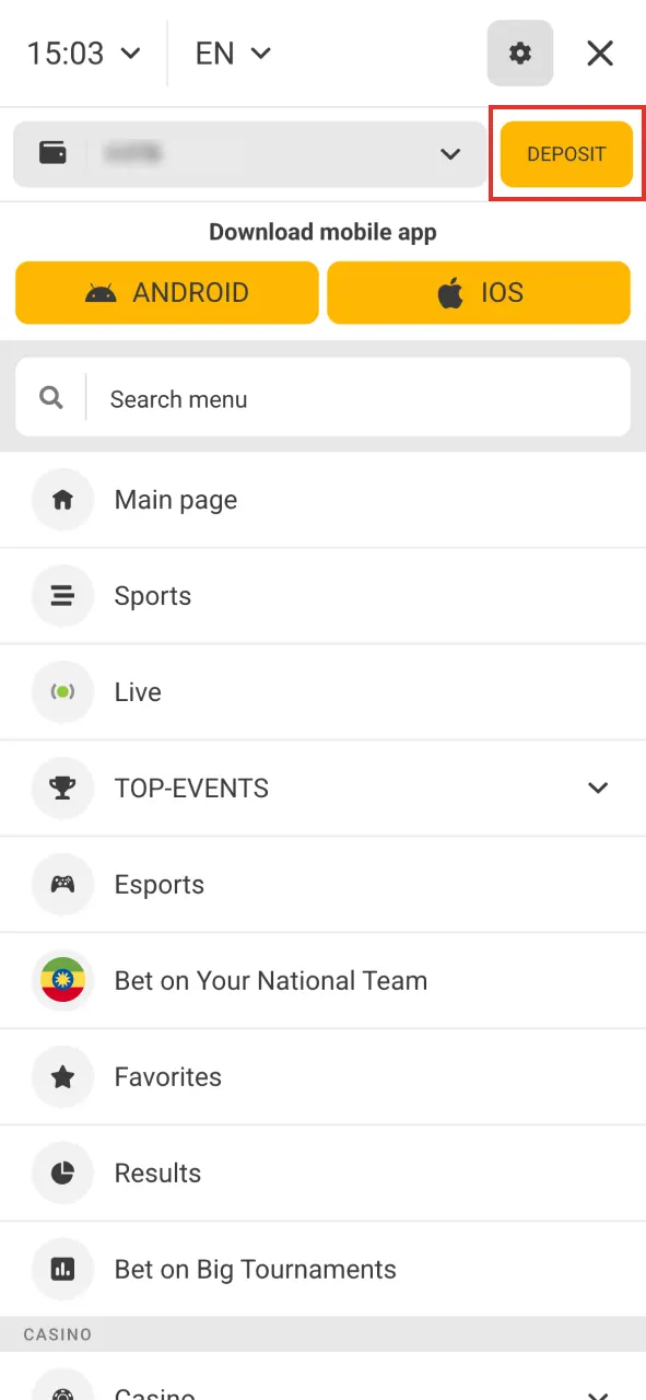 Click the button to open Melbet deposit section.