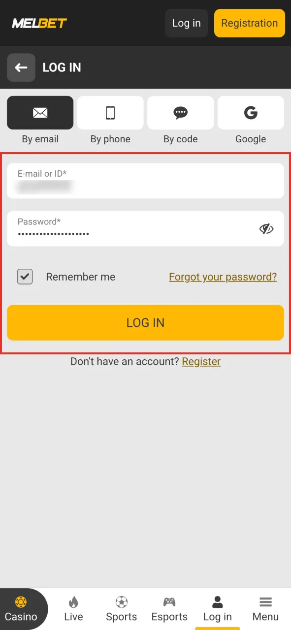 Log into your personal account at Melbet platform.