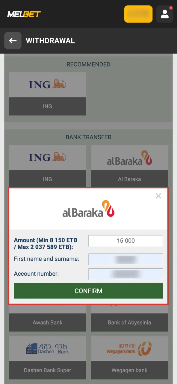 Fill in the information required and confirm Melbet withdrawal.