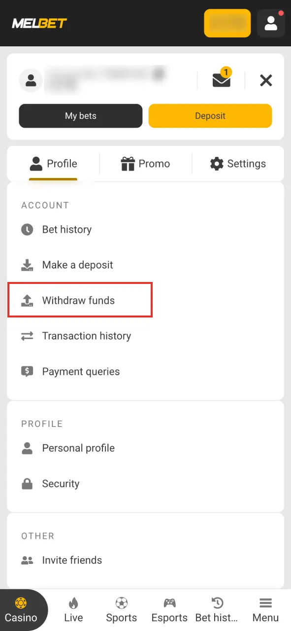Find the Withdraw funds button at Melbet and tap on it.